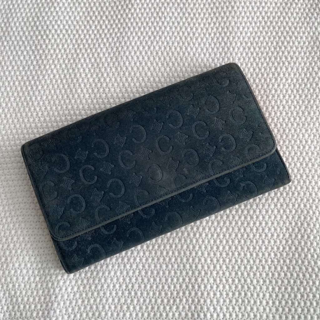 Vintage Celine Suede C Macadam Pattern Wallet Blue Teal